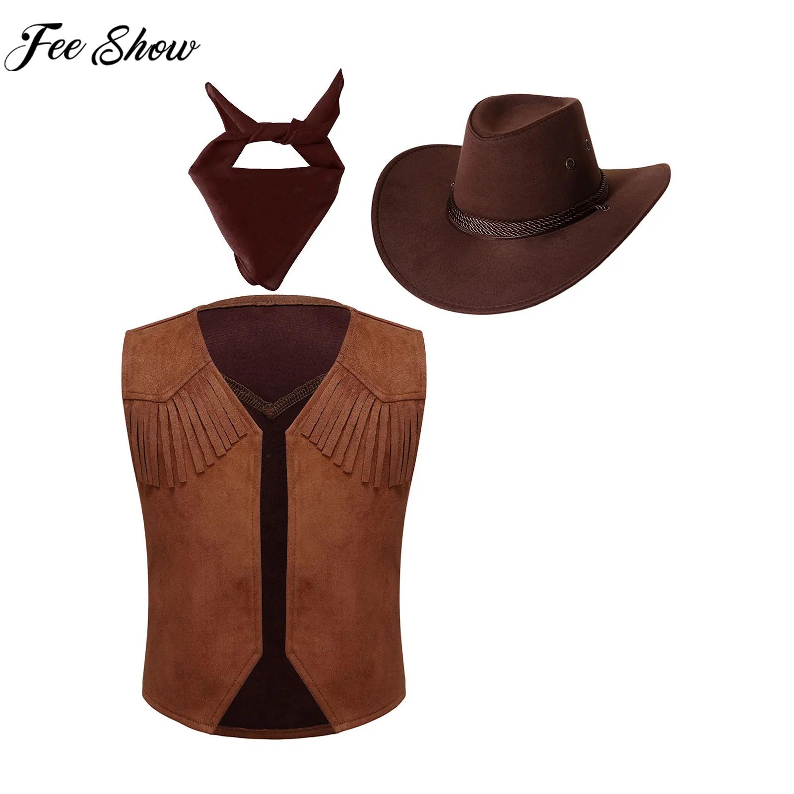 Boys Girls Halloween Western Cowboy Cowgirl Cosplay Performance Costume Retro Fringe Vest Waistcoat with Paisley Bandanna Hat