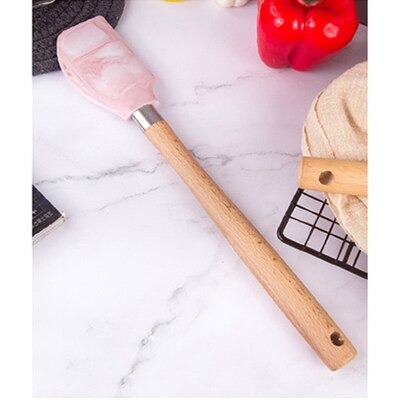 Pink Silicone Kitchen Utensils Set Heat Resistant Nonstick Baking Cooking Tools wooden handle Kitchenware Accessories: F