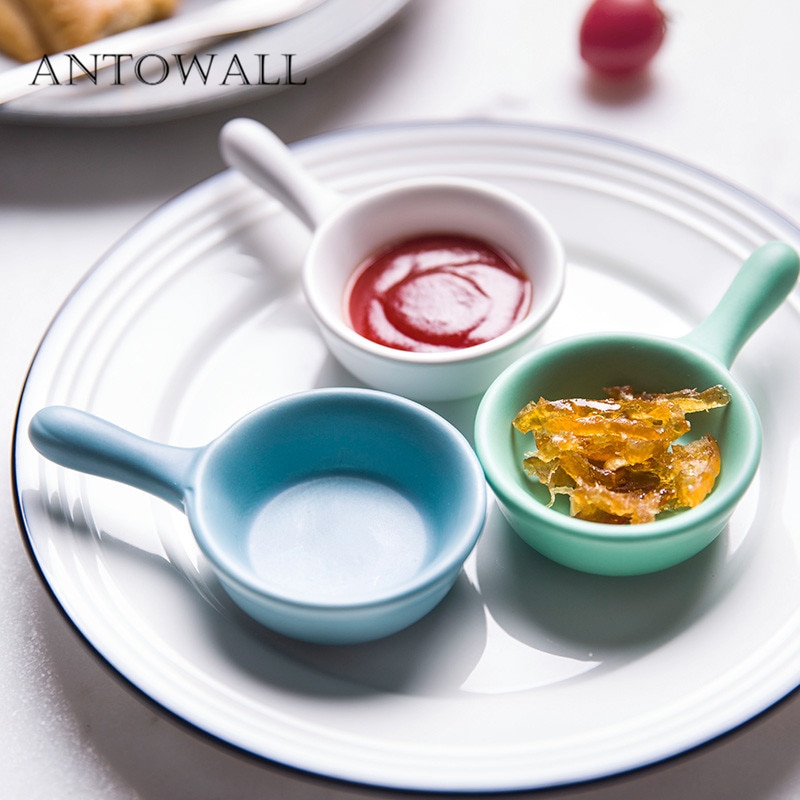 ANTOWALL Solid Ceramic soy sauce dish ketchup mustard jam single handle small dish home restaurant fun colorful snack saucer