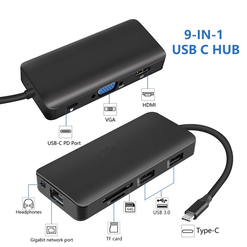 Docking Station 9 in 1 USB C Hub Adapter VGA HDMI Network Port o USB PD Hub for Laptop Mobile Flash Drive and More