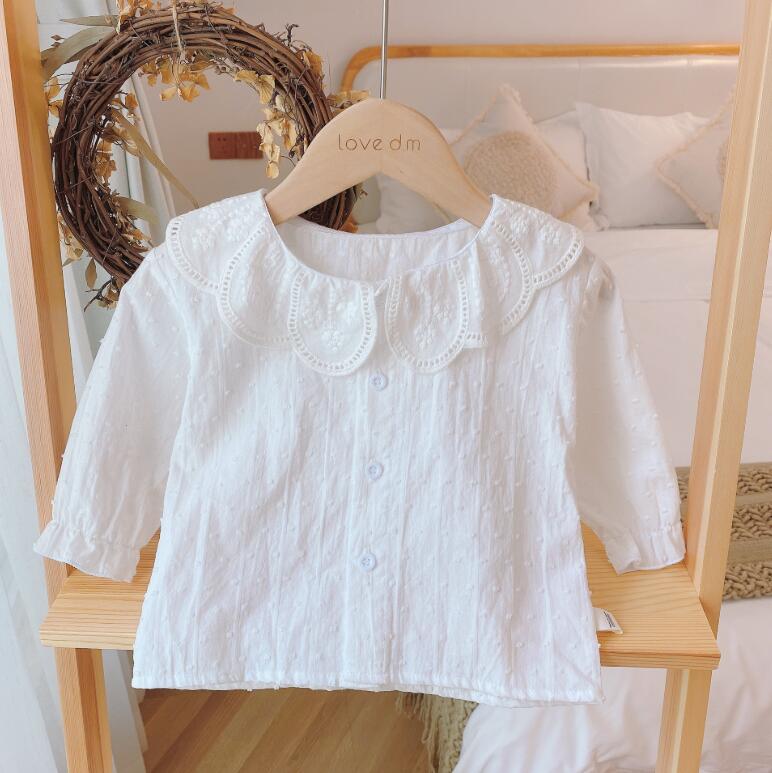 Girls' Lace Shirt Spring and Autumn Children's Lapel Long Sleeve Shirt All-match Girl Cotton White Top: 4T