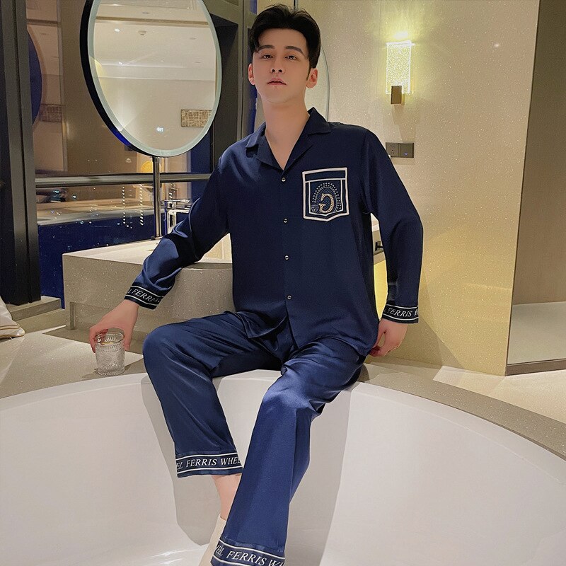 Pyjama de styliste pour homme, vêtements de nuit, haut à manches longues, pantalon, en soie glacée, ensemble de nuit,