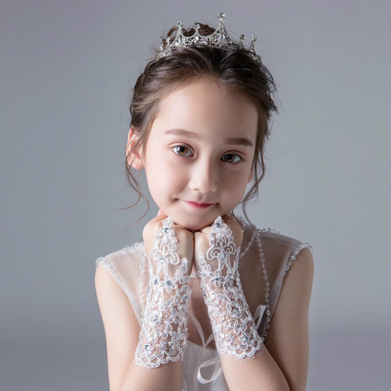 Blanco niñas princesa guantes niñas vestido guante encaje diamante rendimiento fotografía boda accesorios niños cumpleaños