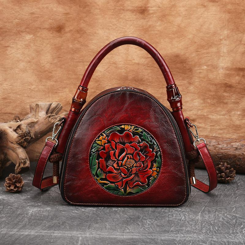 Gagacia 2021 novos sacos de ombro para as mulheres do vintage bolsa couro estilo chinês artesanal em relevo flor feminina bolsas concha: Red