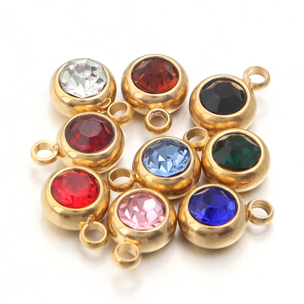 10pcs/lot Stainless Steel Birthstone Pendant 6mm Flat Round Rhinestone Charms Pendant For DIY Jewelry Making Necklace Bracelet: Gold-color