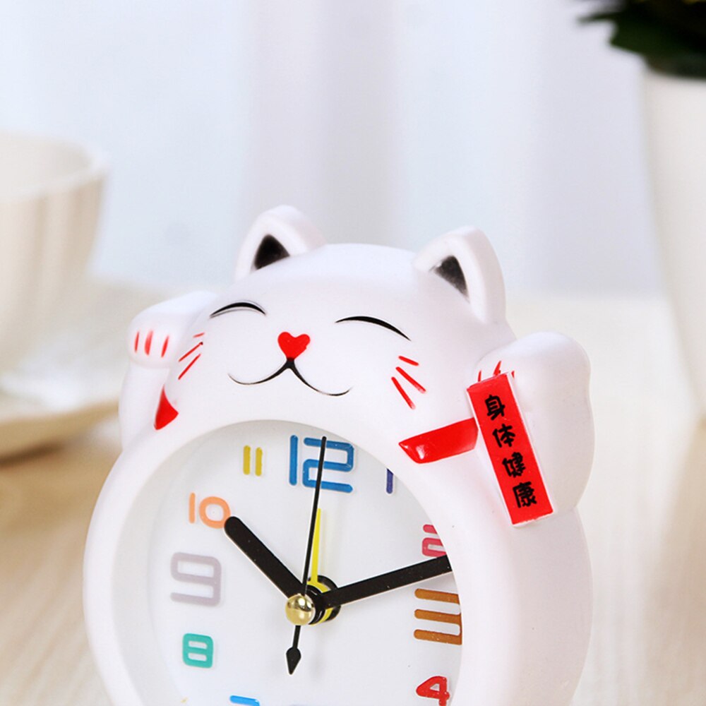 1pc Lucky Cat Alarm Clock Desk Clock Cute Cartoon Cat Shape Alarm (White without Battery Random Font Style)