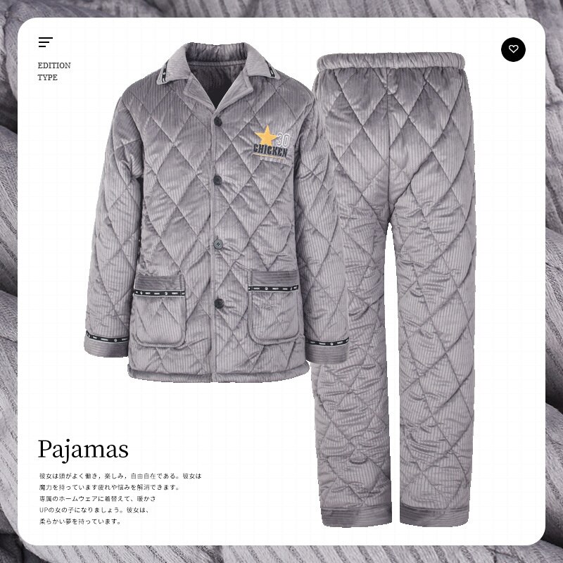 Inverno algodão pijamas masculinos de manga comprida engrossado quente cardigan lapela moda lazer de meia-idade e idosos roupa de casa terno