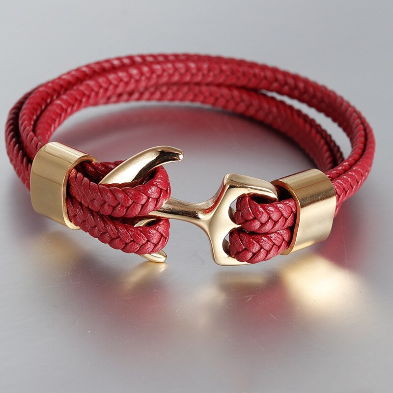 7 Colors Stainless Steel Men Bracelet Red Genuine Leather Gold Black Anchor Multi-layer Braided Bracelet Homme Men Jewel'r'y: Gold-Red / 21.5cm