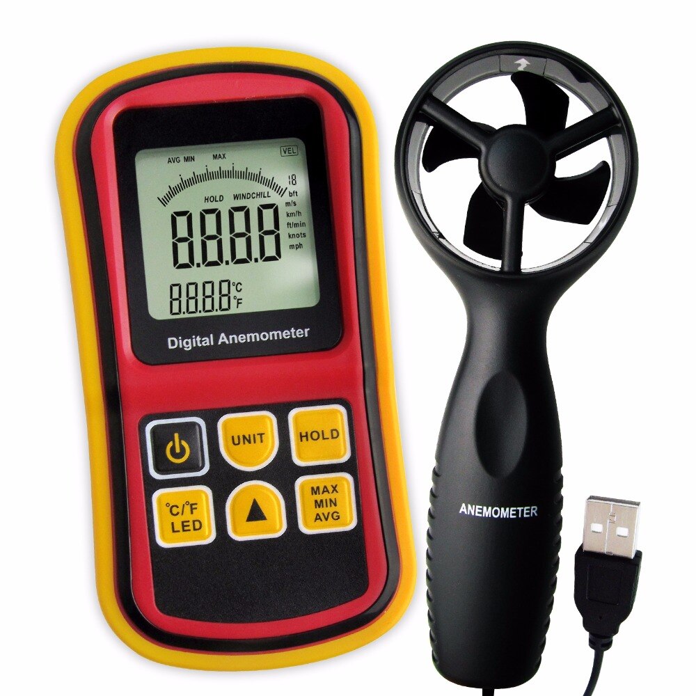 2-in-1 Digitale Thermo-Anemometer Wind Air Speed Meter Thermometer Temperatuur 0 ~ 45 m/s Velocity bar Grafiek Surf + Backlight