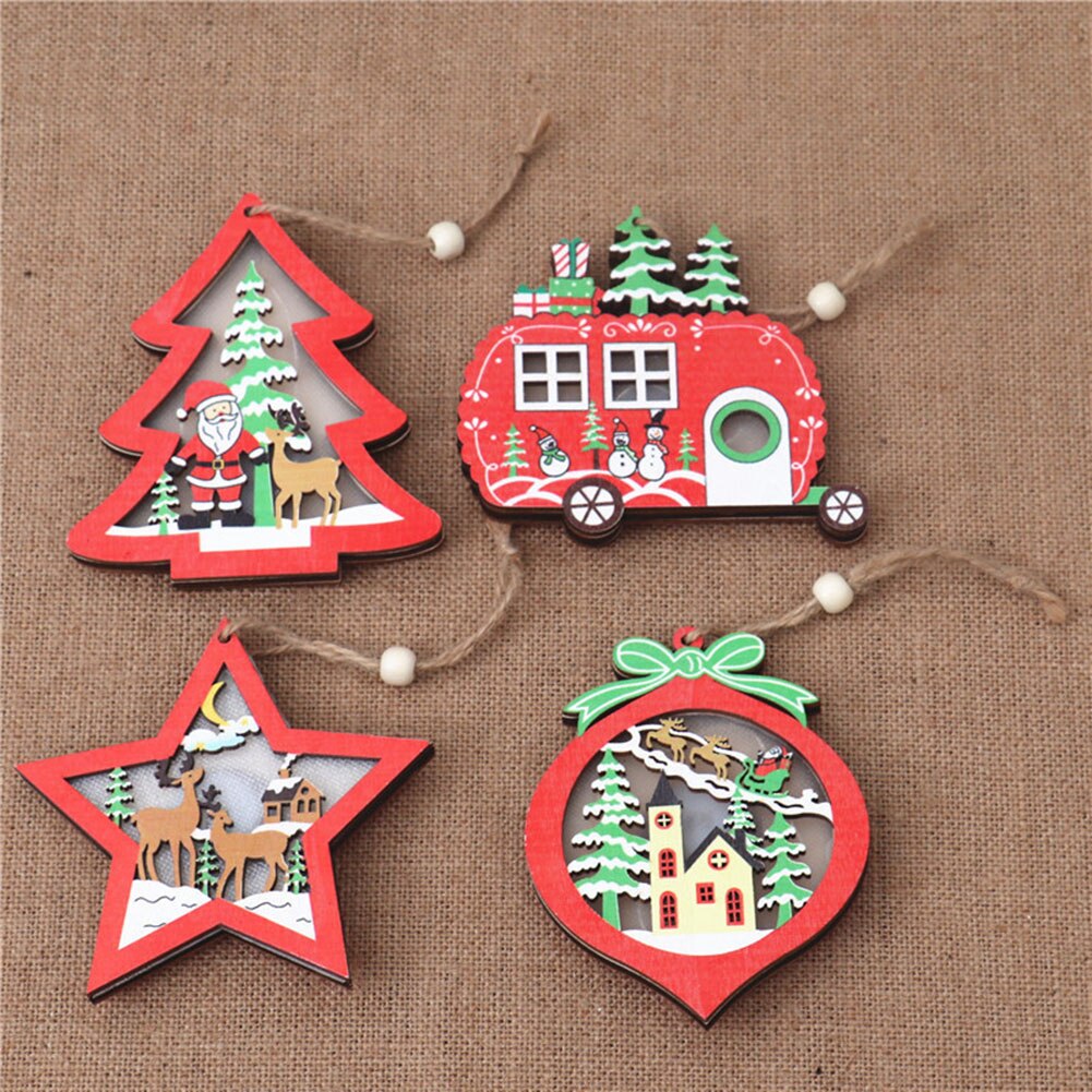 LED light Christmas Tree Star car Wooden Pendants Ornaments Xmas DIY Wood Crafts Kids for Home Christmas Party Decorations