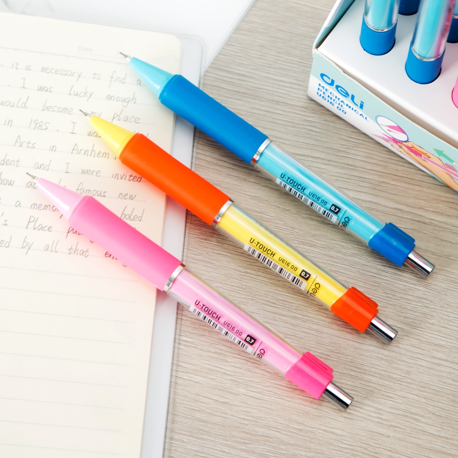 DELI EU615-portaminas Kawaii de coreano, lote de 3 unidades, lápices bonitos de 0,7mm/0,5mm, suministros para estudiantes escolares con agarre suave automático