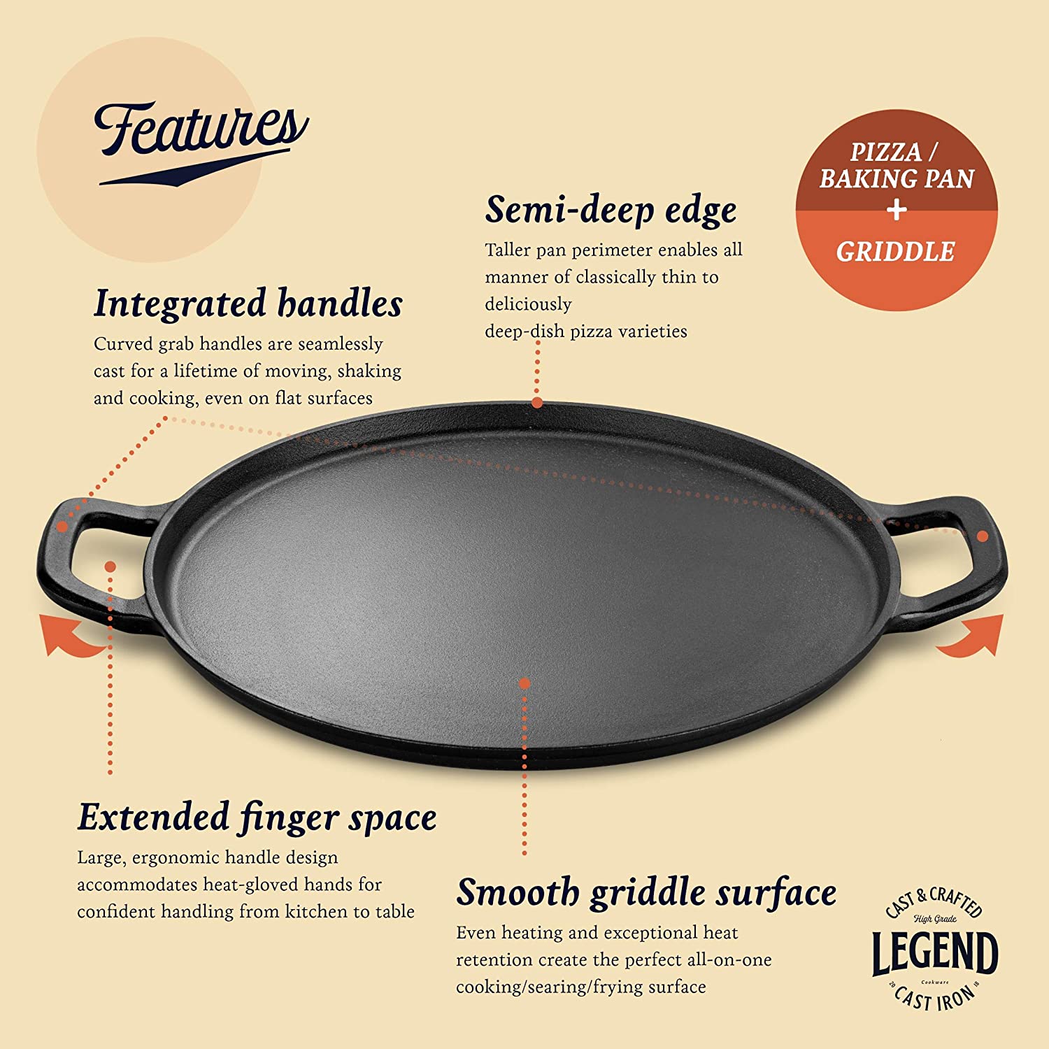 Pizza Pan | 14” Steel Pizza Cooker with Easy Grip Handles | Deep Stone for Oven or Griddle for Gas, Induction, Sauteing, Grillin