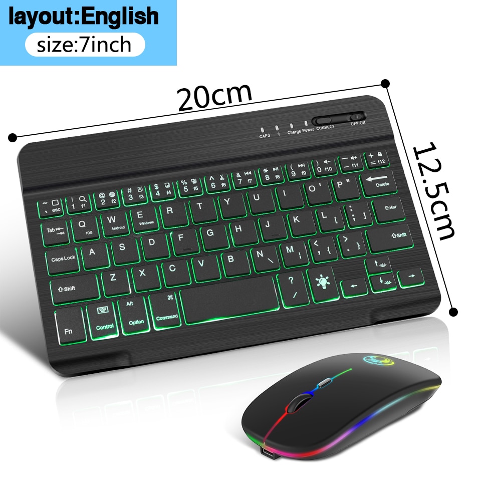 Rgb Bluetooth Toetsenbord En Muis Set Russische Spainish Draadloze Toetsenbord Muis Combo Oplaadbare Rgb Muis Voor Ipad Laptop: 7 Inch English Set