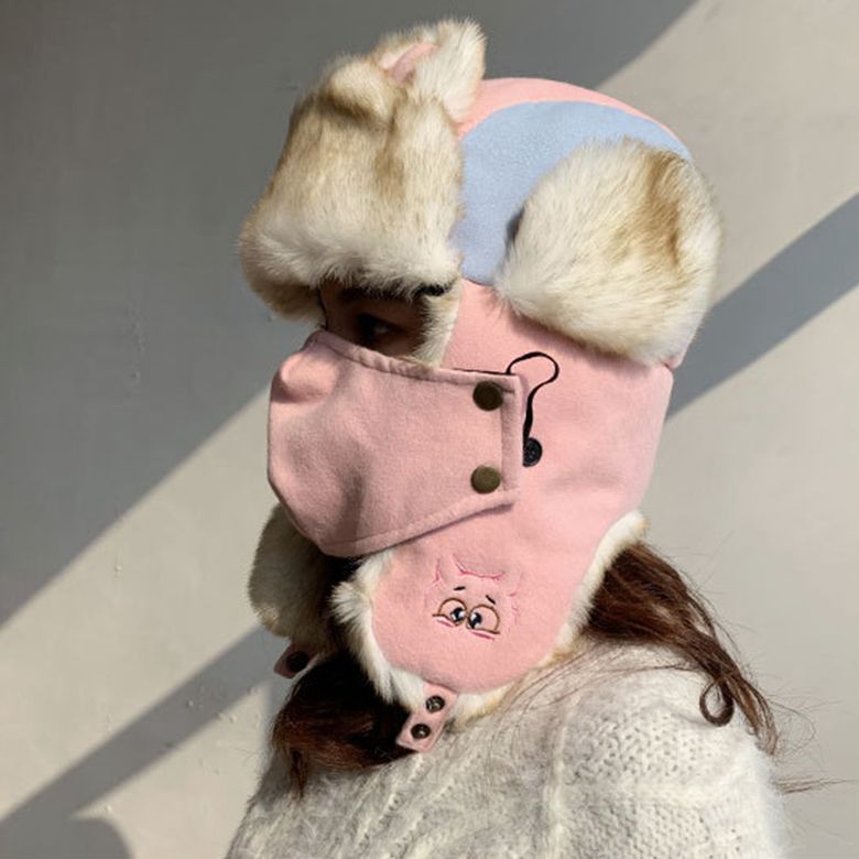 Del ricamo del fumetto di Lei Feng cappello Russia orecchio-sbatté cappello donne cappelli bombardiere caldo di spessore cappello di inverno tutto'aperto: rosa