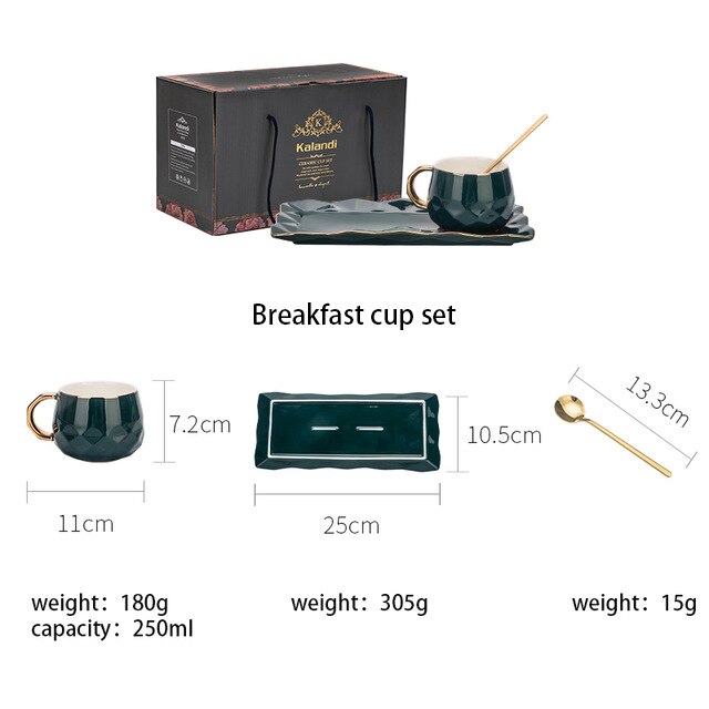 Juegos de tazas de café verde, con esterilla y cucharas, tapa de Taza de cerámica, juegos de cubiertos de leche para el desayuno, caja de para cumpleaños de San Valentín: breakfast cup set
