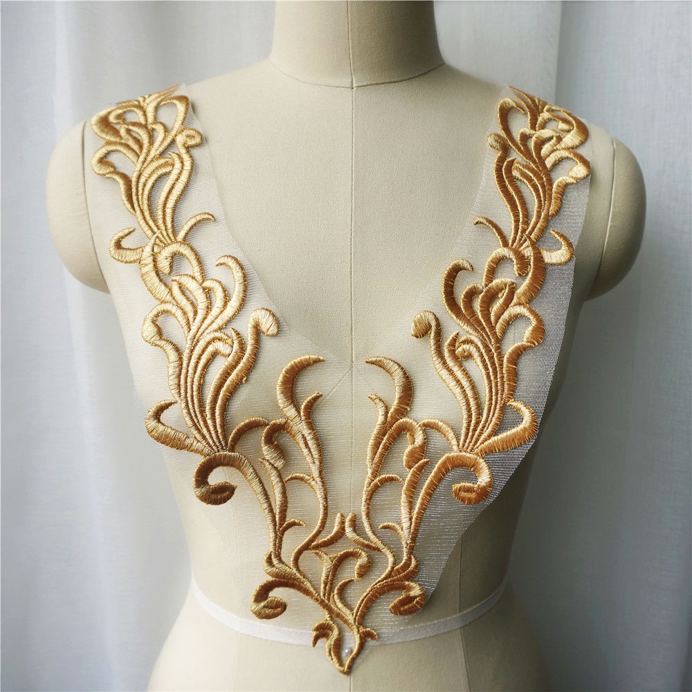 Gouden kantstof geborduurde jurk applicaties flora kraag mesh barok vintage naaien op patches voor bruiloft decoratie jurk doe-het-zelf