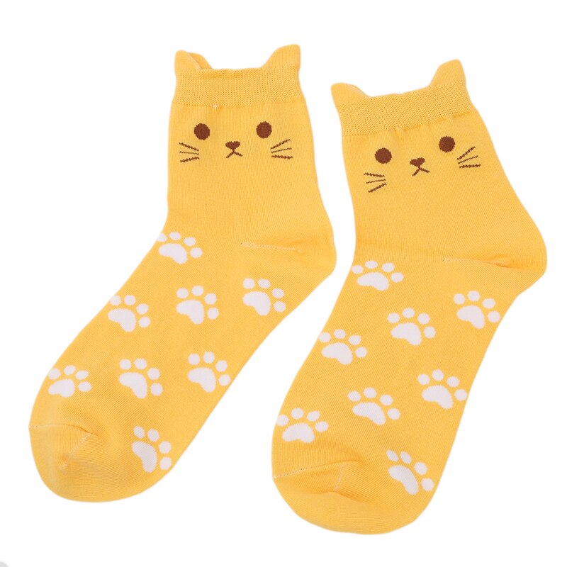 5 Pairs Leuke Harajuku Vrouwen Sokken Set Cartoon Print Katten Poot Patroon Katoenen Sokken Met Kat Oren Voor Vrouwen herfst Sokken: yellow