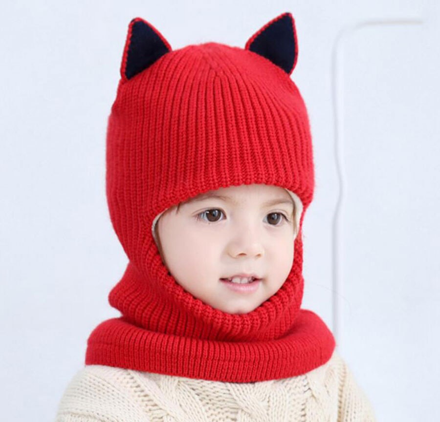 Beanie Warm Hat Kids Children Knitted Hooded Scarf Winter Circulal Knit Striped Earflap Ear Cap Scarves Child Accessories: Red