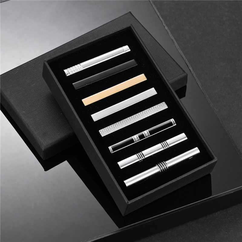 Juego de 8 Uds de pinzas de corbata cortas con caja de , accesorios de pasador de corbata para hombre, gemelos de camisa para hombre, para marido: Oro champán