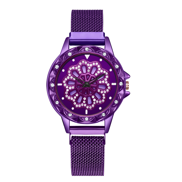Kvinder armbåndsure kvinders roterende magnetiske heldige damer krystal kvarts armbåndsure reloj femenino: Lilla