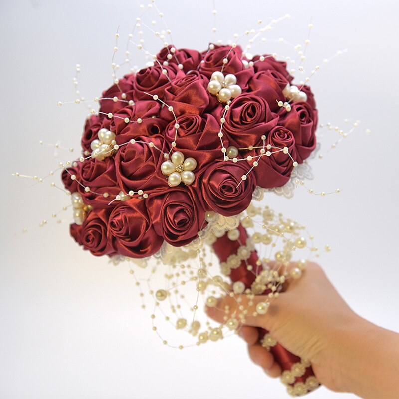 Kyunovia-ramo de flores rosas seda Borgoña, impresionante adorno de perlas para novia, dama de honor, boda