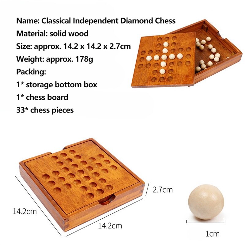 Wooden Solitaire Europe Board Cognitive Diamond Chess Classic Toys With Storage Box Fun Game Set For Adults And Children