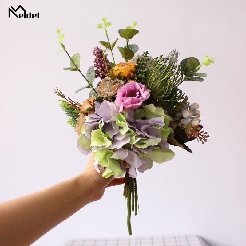 Meldel Boeket Bruid Bruiloft Bloem Boeket Kunstzijde Hortensia Lisianthus Pompon Vanille Eucalyptus Bladeren Bruiloft Bloem