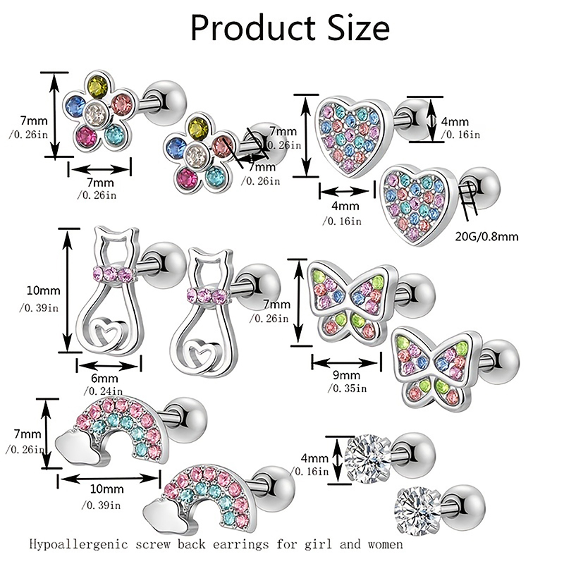 1/ 6 paar hypoallergene oorbellen met schroefsluiting voor dames en meisjes, set 20g , 316l schattige oorbellen met zirkonia steentjes van roestvrij staal met schroefsluiting.
