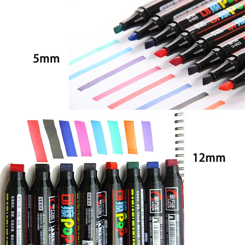 Know/genvana 8 -kleurige uitwisbare pop whiteboardmarker voor keramisch glas, 5mm/12mm beitelpunt, geurarme, uitwisbare en navulbare marker