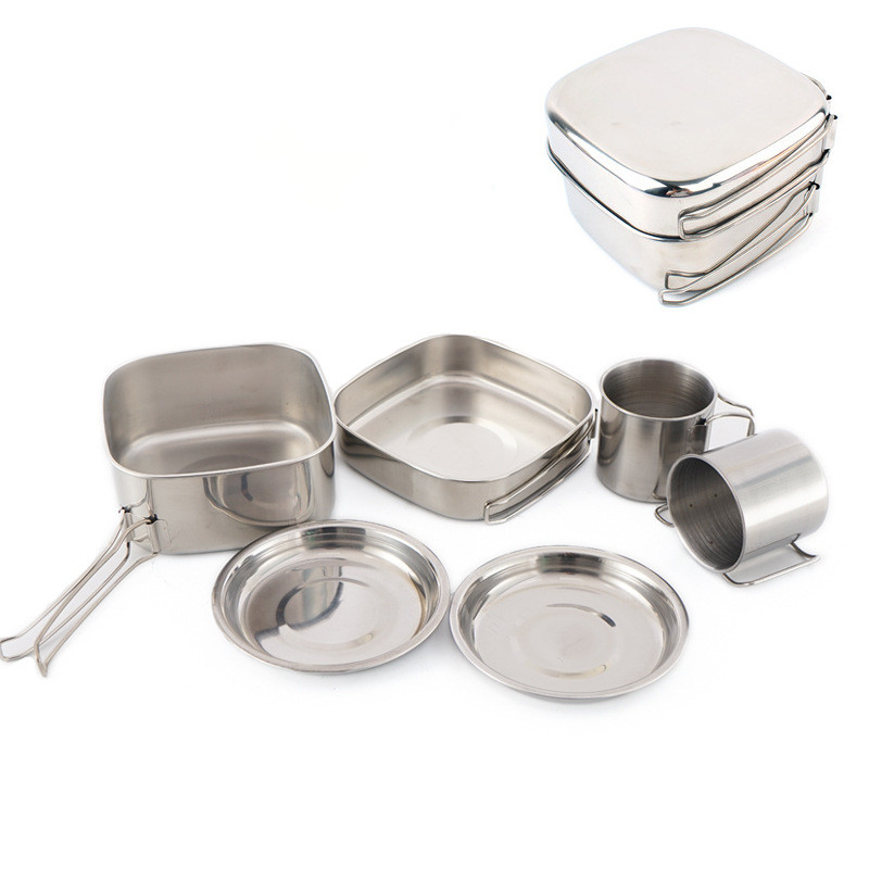 Stalinless Stahl Cookset draussen Camping Kochgeschirr Chaos Bausatz Leichte Topf Pfanne 2 Tassen Platte Für Wandern Wandern Picknick BBQ