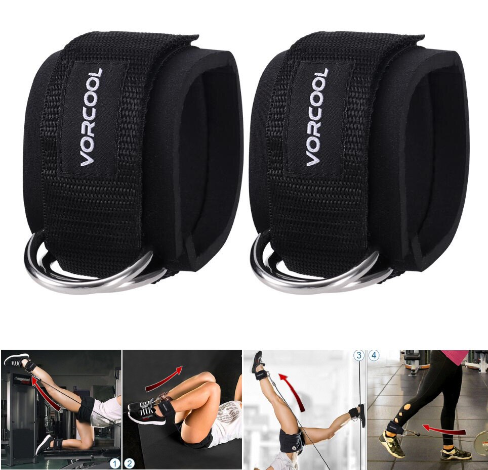 Vorcool 2 stück gepolsterte knöchelmanschetten mit d-Ring für fitnessstudio-Trainingseinheiten, kabelzugmaschinen und beinübungen mit tragetasche (schwarz)