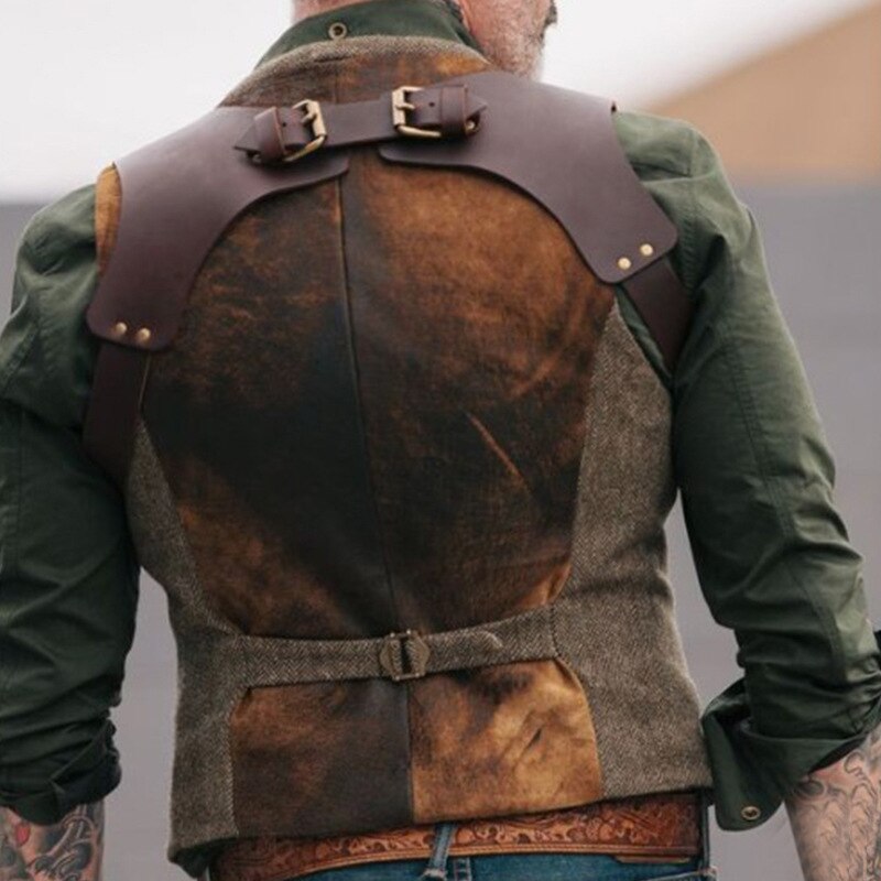 Chalecos de ante para hombre, chaleco marrón, chaqueta steampunk para hombre, chaqueta a rayas de tweed con cuello en V, chaleco entallado, ropa de boda