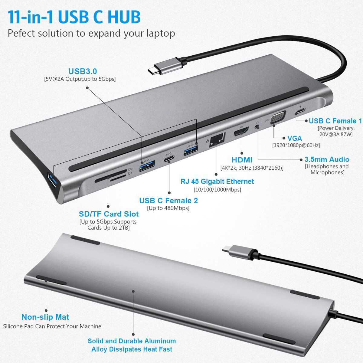 Station d&#39;accueil pour ordinateur portable 11 en 1, adaptateur de station d&#39;accueil de Type c à double HDMI/VGA/USB 3.0/PD/RJ/micro-sd/TF, jusqu&#39;à 87W