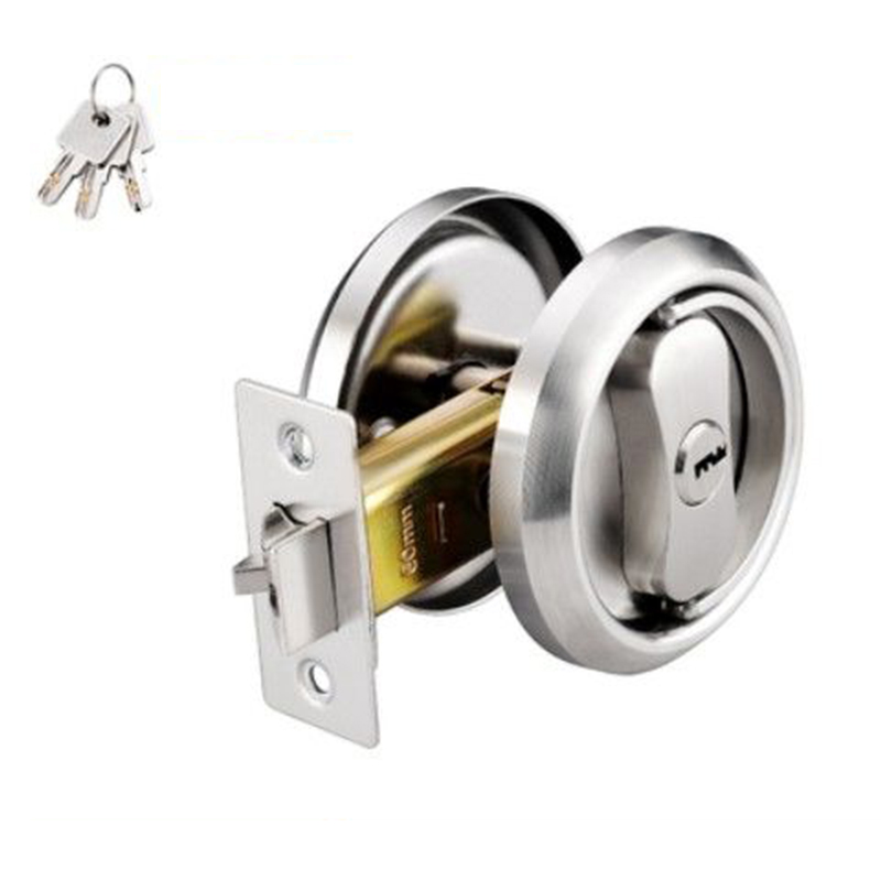 1Pcs Invisible Door Lock With Key Indoor Household Door Anti-theft Single Double-Sided Round Lock Stainless Safety Door Locks: Silver