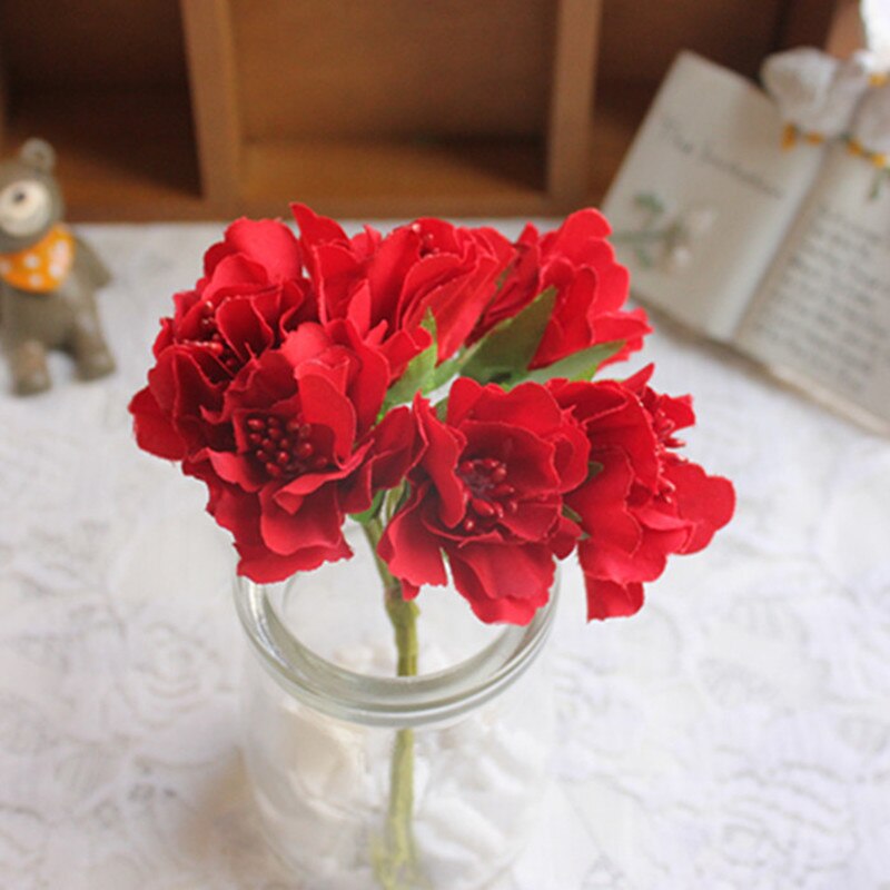 Mini Bouquet artificiel en soie rose 6 pièces/lot | Fleurs en papier pour décoration de mariage, fleurs pour Scrapbooking, boule de fleurs bricolage bon marché: red