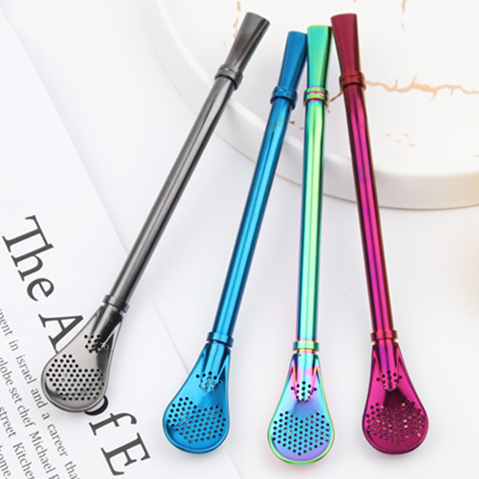 2 in 1 Spoons Stainless Steel Long Handle Drinking Straw Spoon Tea Filter Dessert Spoon Reusable Coffee Stirring Spoon Teaspoon