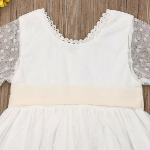 Vestido blanco de dama de honor de primavera para niñas. Vestidos de boda princesa con lazo de manga larga y encaje hasta la rodilla para niñas.