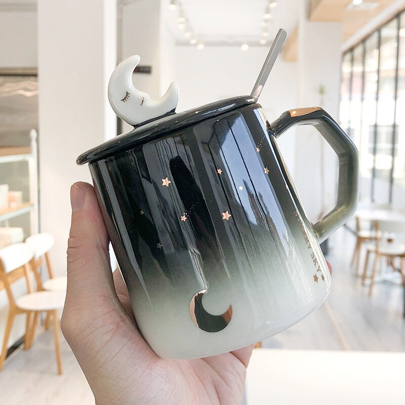 Gradient Sterrenhemel Mok Met Deksel Lepel Leuke Water Cup Koreaanse Stijl Persoonlijkheid Kantoor Huishoudelijke Koffie Mokken Paar Kopjes: Moon Mug