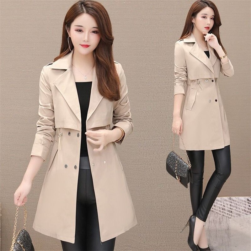Mid-length Women's Trench Coat Suit Collar Korean Long Sleeve Drawstring Windbreaker Female Outwear Pink H131