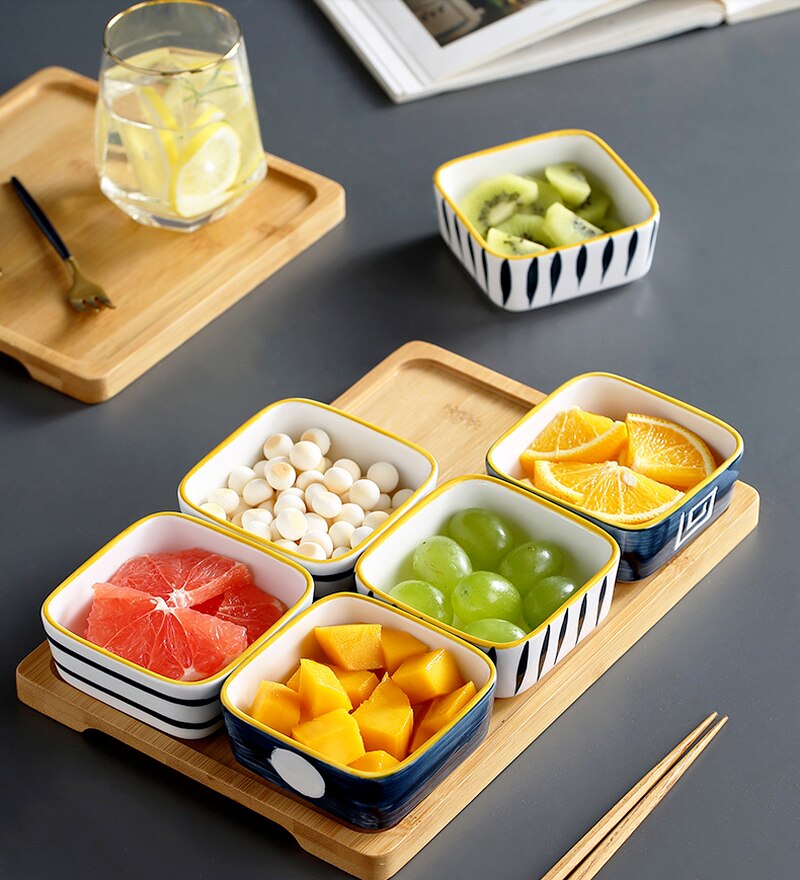 Plato divisor de cerámica para el hogar, bandeja de madera, plato de aperitivos de estilo japonés, con rejilla dividida, plato de fruta seca