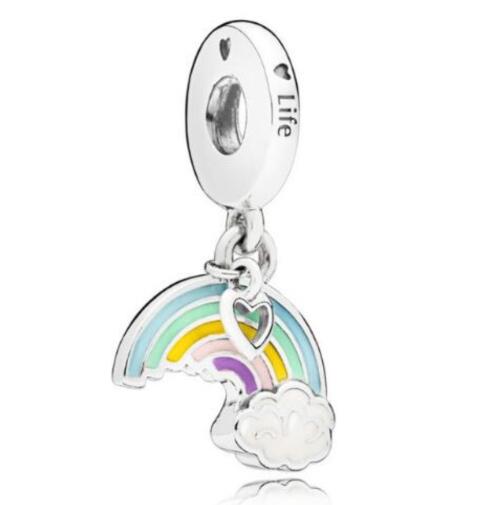 Genuine 925 Sterling Silver Charm Enamel Rainbow Of Love Heart Engraved Life Beads Fit Pan Bracelet & Necklace Jewelry