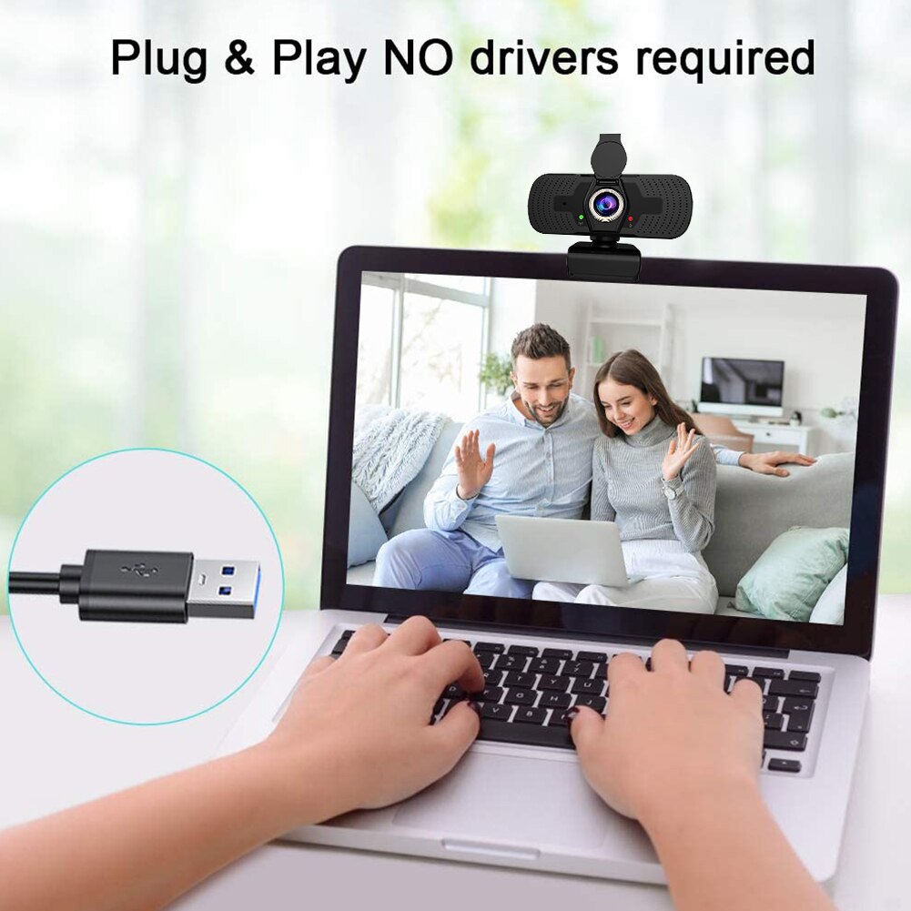 Full HD 1080P USB Web Camera with Built-in Mic + Cover 360 Rotation Webcam