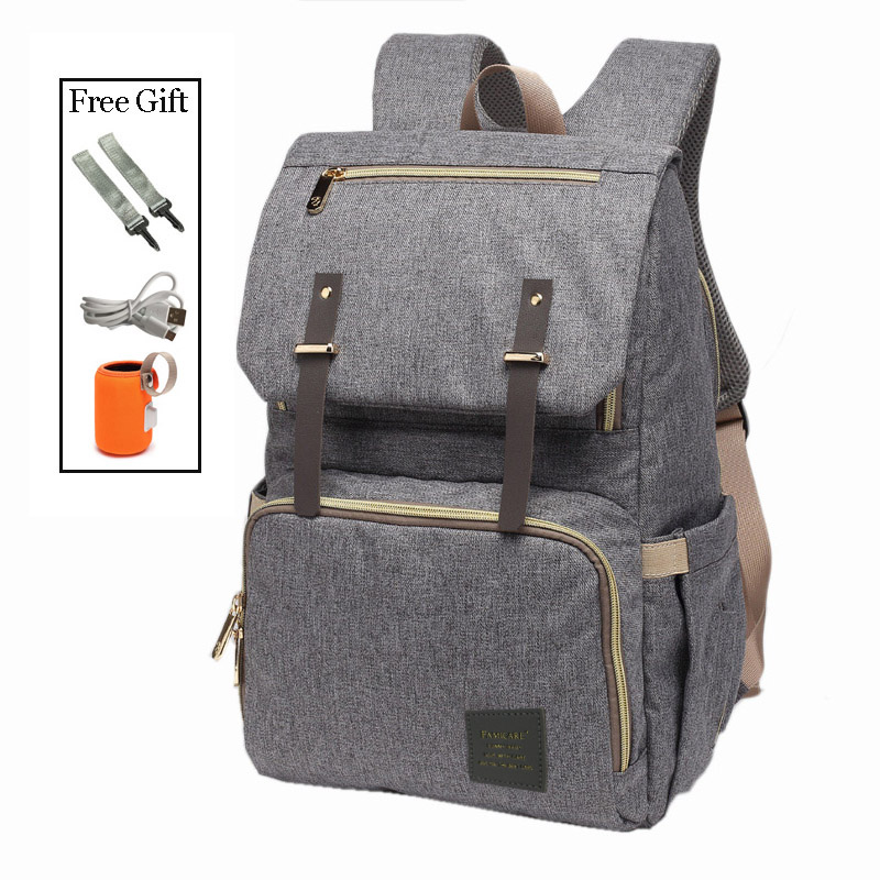Sac à dos à couches pour bébé, sac de poussette pour maman papa, sac à main Oxford étanche, Kits de couches d'allaitement, sacs de maternité, support chauffant USB,: GRIS