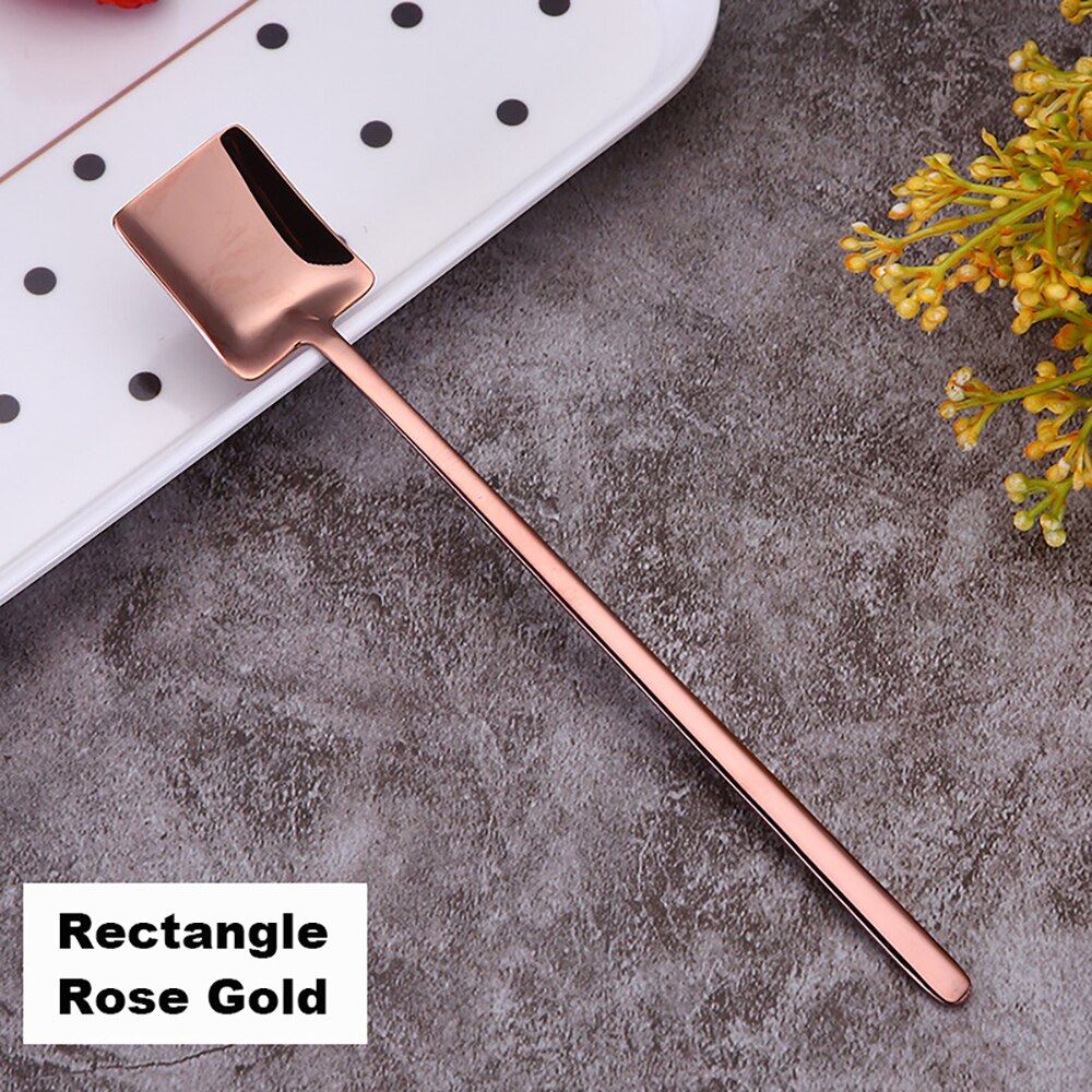 304 Roestvrij Staal Koffie Lepel Creatieve Plating Ijs Lepels Lange Steel Thee Lepels Keuken Gereedschap Drinken Bestek Kleurrijke: Rectangle Rose Gold