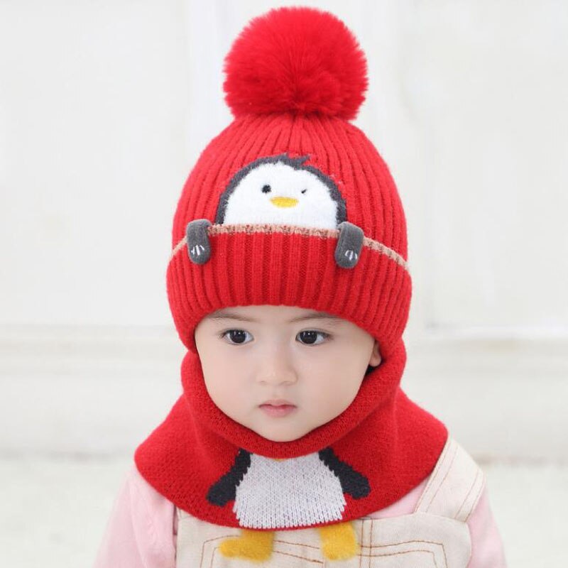Doitbest 1 to 4 Years old baby kids Beanie sets Cute penguin 2 pcs boys girls winter villus hat scarf set: Red