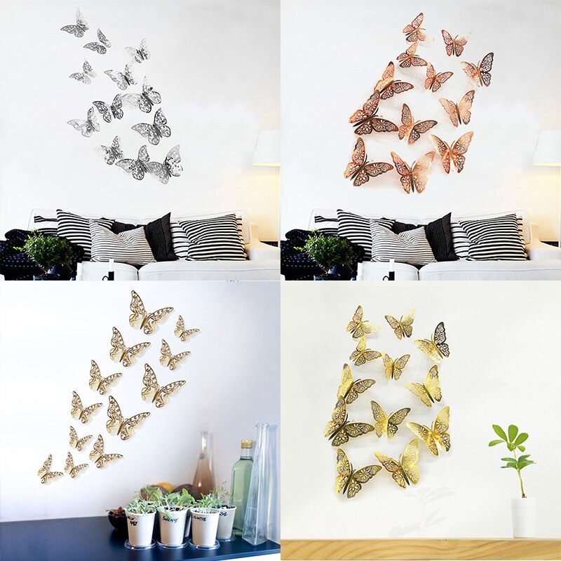 12 stk/parti 3d sommerfugle vægklistermærker wallstickers boligindretning hule sommerfugleklistermærker til børneværelset vægmærkat køleskabsindretning