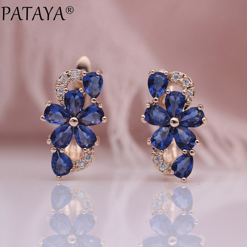 PATAYA Water Pruimenbloesem Dangle Oorbellen Vrouwen Mode Trendy Sieraden 585 Rose Goud Bloemblaadje Natuurlijke Zirkoon Blauw Oorbellen