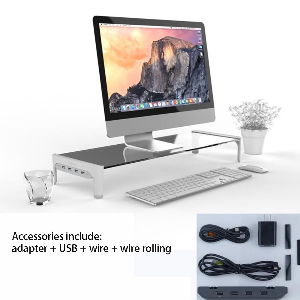 USB3.0 Aluminum Monitor Stand Riser with 4ports USB Hub Data Transmission and Fast Charger Keyboard and Mouse Storage Desk Riser