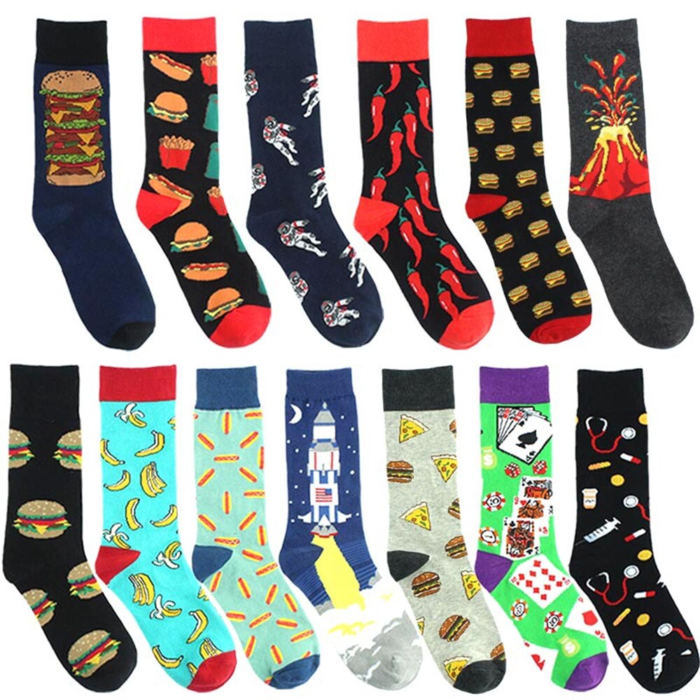 Drôle volcanique Chili Pizza Hamburger frites à motifs hommes heureux coton chaussettes affaires hip hop sport harajuku équipage