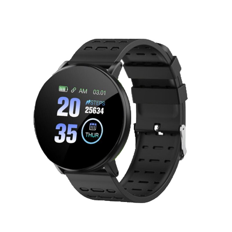 Reloj inteligente smartwatch 119 plus rundt dameur mand smartband puls blodtryksmåler fitness tracker smart wat: Sort